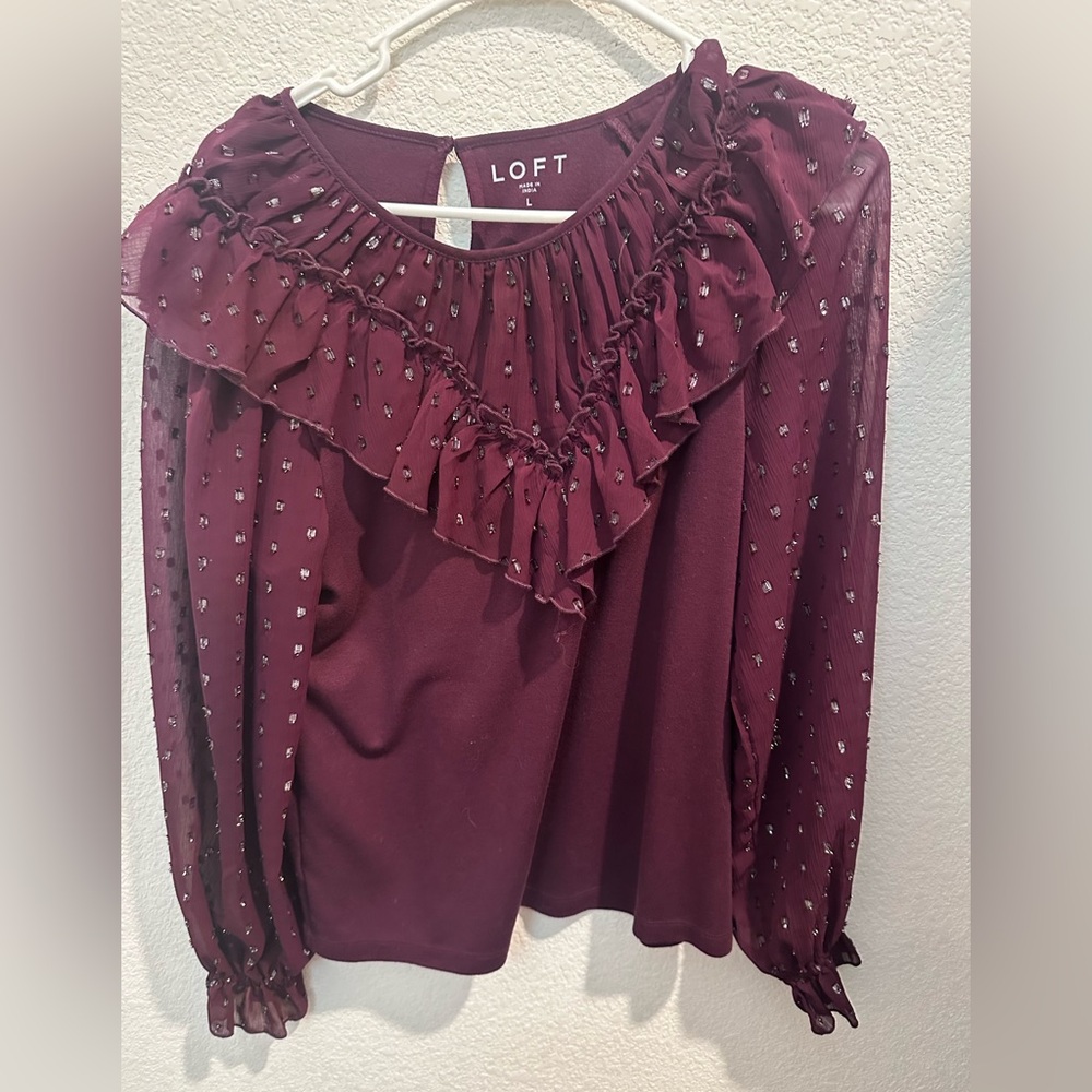 LOFT Maroon Ruffle Blouse with Sheer Sleeves